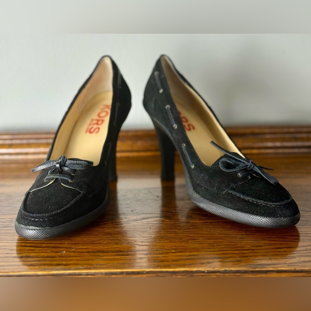 KORS Michael Kors Y2K Black Suede Penny Loafer Rubber Sole Pump Heels Size 10M - Picture 5 of 9